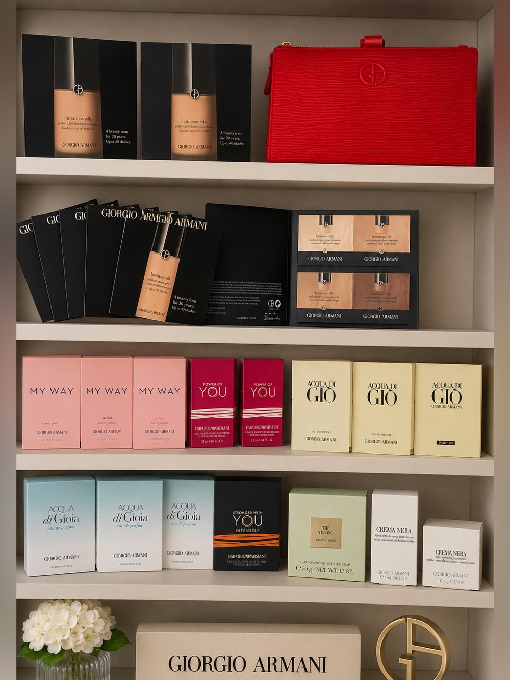 Giorgio Armani 25-piece Luxury Beauty & Fragrance Sample Bundle + Red Clutch